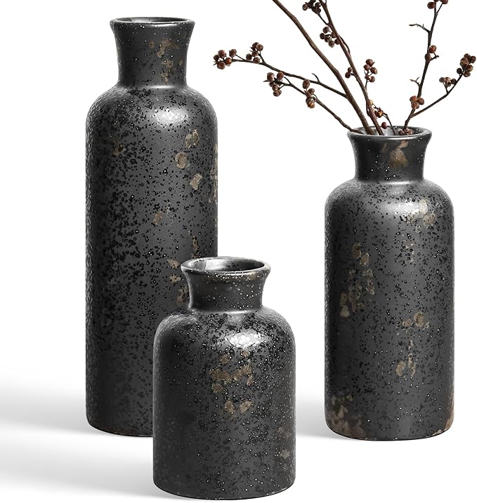 LE TAUCI Ceramic Vase Set of 3, Black Speckled Flower Vases for Fresh or Dried Flowers, Modern Farmhouse Home Decor for Coffee Table, Mantel, Shelf, Entryway, Distressed Iron Black