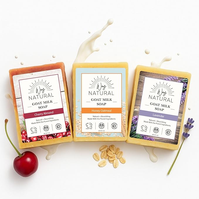 Goat Milk Soap Bars (Variety) - Premium, Large, Handmade in USA - Hands & Body, Gentle, No Dyes - Goat Soap Bar, Natural Soaps Women & Men - (3, 5oz) Lavender, Cherry Almond, Honey Oatmeal