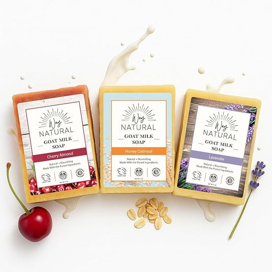 Goat Milk Soap Bars (Variety) - Premium, Large, Handmade in USA - Hands & Body, Gentle, No Dyes - Goat Soap Bar, Natural Soaps Women & Men - (3, 5oz) Lavender, Cherry Almond, Honey Oatmeal