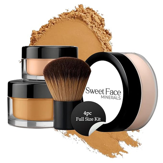4pc Full Size Kit (Deep Tan) Mineral Makeup Matte Translucent Loose Foundation + Kabuki Brush + Concealer + Finishing Setting Powder + Bare Face Full Coverage SPF 30 All Skin Types Waterproof