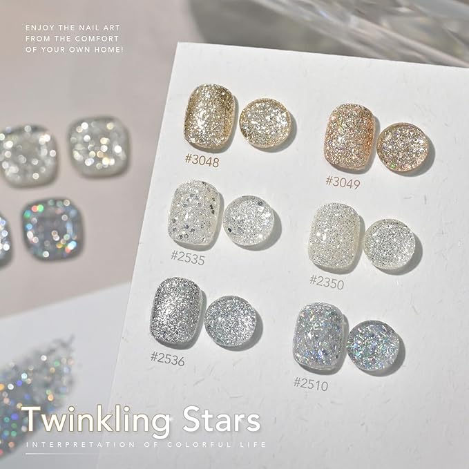 GAOY Glitter Gel Nail Polish Set, 6 Colors Silver Gold Champagne Sparkly, Soak Off UV Cure Gel for DIY Manicure at Home