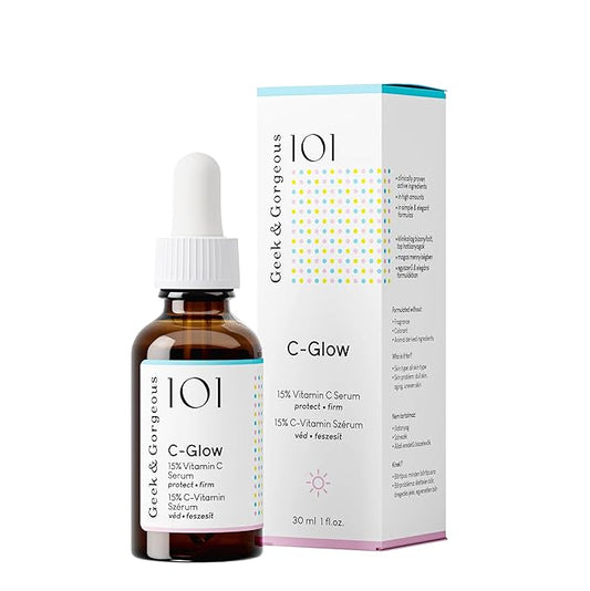 Geek & Gorgeous - C-Glow - 15% Vitamin C + Ferulic acid & Vitamin E Serum, protects against environmental damage, boosts collagen & evens skin tone - all skin types, 1 oz