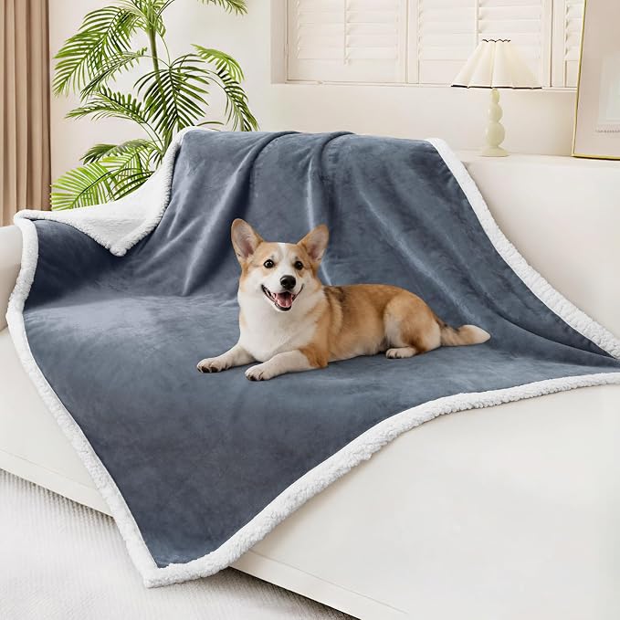 Smiry Waterproof Blanket Throw, Reversible Dog Blanket for Sofa Couch Bed | Soft Leakproof Sherpa Fleece, Washable Furniture Couch Protector for Large Dogs Cats, 50"x60", Grey/White