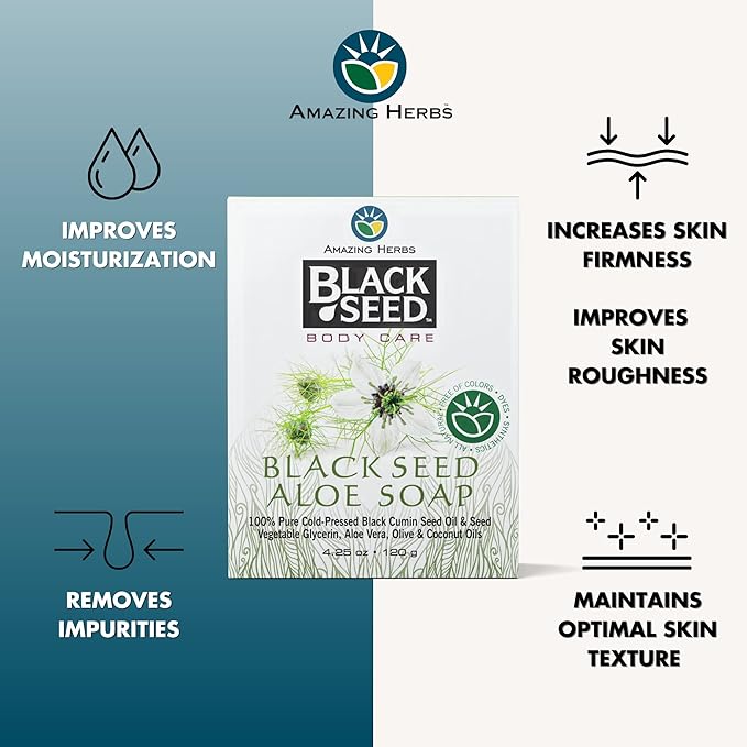 Amazing Herbs Black Seed Soap - 100% Pure Cold-Pressed Black Cumin Seed Oil, All Natural, Free of Colors, Dyes, & Fragrances - Black Seed Aleo Vera Soap, 4.25 Oz (Pack of 3)