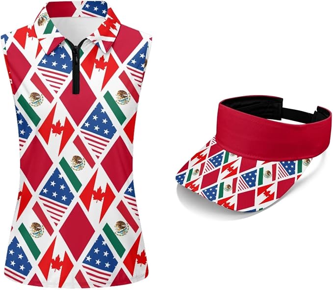 POLERO Golf Tank Top Women Golf Shirts and Visor Hat Collared Racerback Tennis Shirt Set Quarter Zip