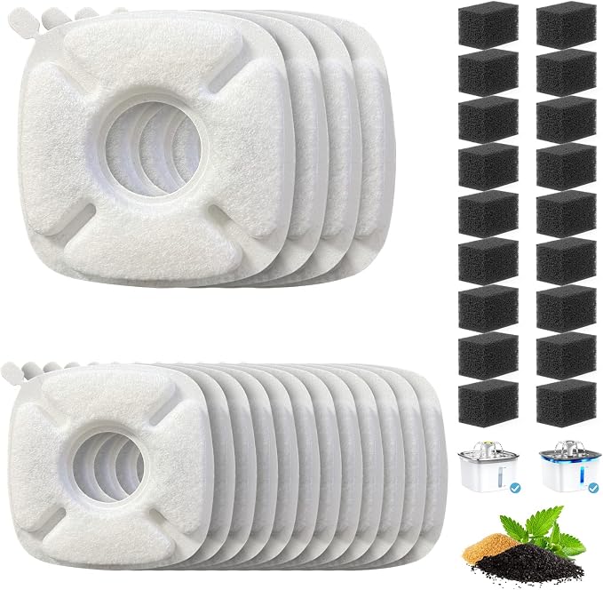 Cat Water Fountain Filter Pet Drinking Fountain Filter, Compatible with 67/95/135/85oz Automatic Pet Dispenser, Triple Filtration Dog Fountain Filter, 16 Pack (16 Carbon Filters+16 Sponge Filters)