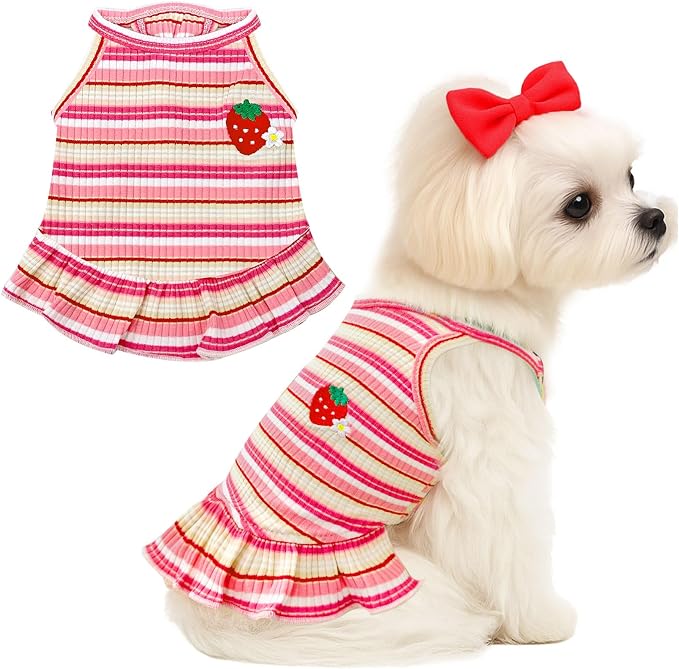 Cute Small Dog Dress Girl Female Dog Clothes Spring Summer Pet Puppy Cats Striped Dress Outfits for Shih Tzu Yorkies Chihuahua Maltese(Strawberry Pink,XX-Large)