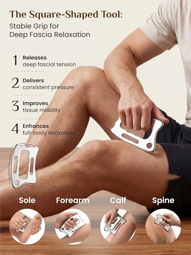 Rena Chris Muscle Scraper Tool Set, Stainless Steel Body Gua Sha for Physical Therapy, Deep Tissue Massage & Lymphatic Drainage, Travel Pouch & Guide Included (3-Piece Kit)