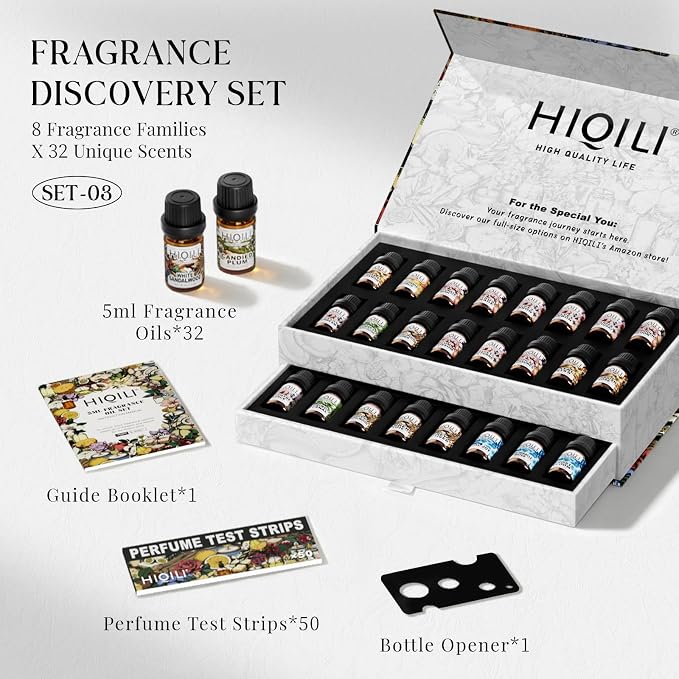 HIQILI Discovery Fragrance Oil Gift Set for Diffuser, DIY Perfume, Candles | 32 Scents, Suitable for Humidifier, Soap Making, Laundry Dryer Balls, Long Lasting Home Aroma, Perfume Oils for Women