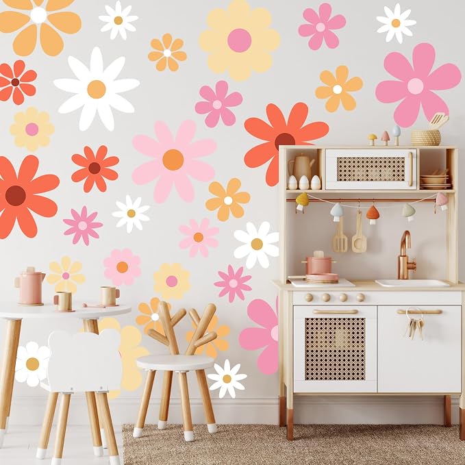 TaoBary 12 Sheet Daisy Wall Sticker Decal,Bright Color,Bright Style | Big Flower Wall Sticker, Pink White Floral Decal, Daisy Bedroom Room Decor, Removable Peel and Stick, Nursery Home Wall Decor