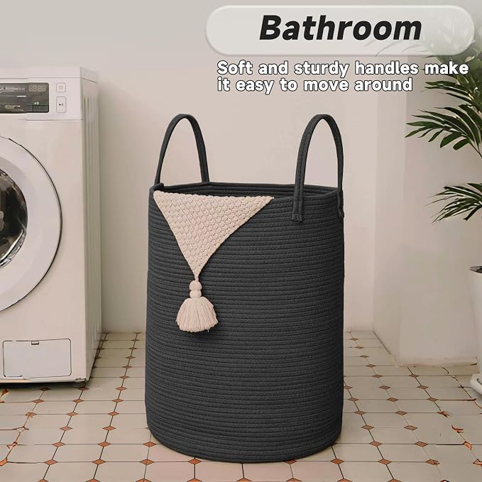 JMvicyroam 80L Cotton Rope Laundry Basket Hamper, Black | Collapsible laundry basket, reinforced handles, freestanding, machine washable, holds 3-5 thick blankets, clothes or toys