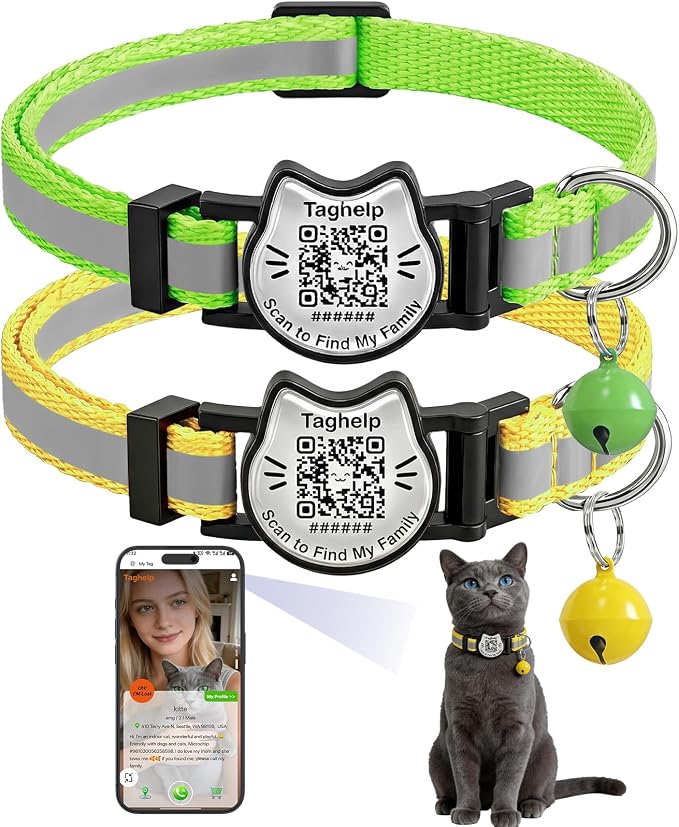 Breakaway Cat Collar with QR Code Tag and Bell(Yellow & Green) | Reflective Nylon, Quick-Release Buckle