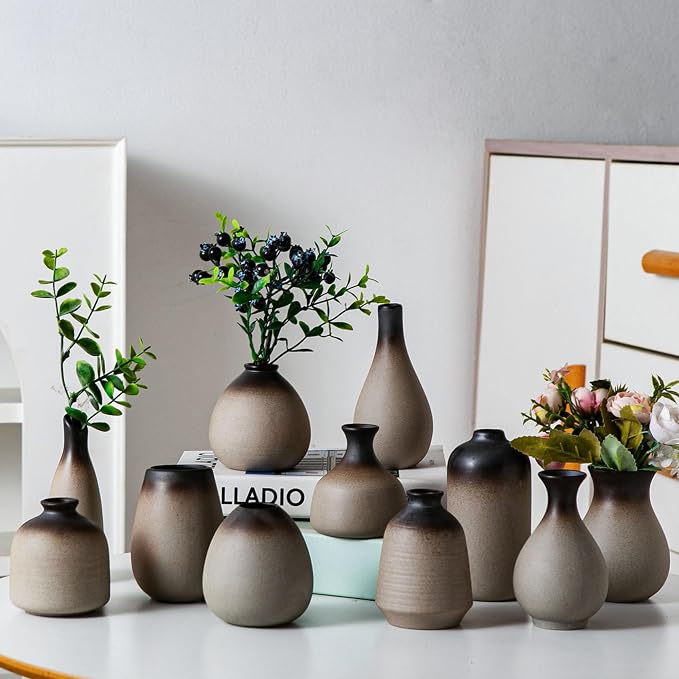 Tanvecle Rustic Ceramic Bud Vase Set of 11, Small Vases for Pampas Grass, Flowers, Modern Farmhouse for Home Decor, Vintage Decor, for Living Room, Dining Table & Shelves