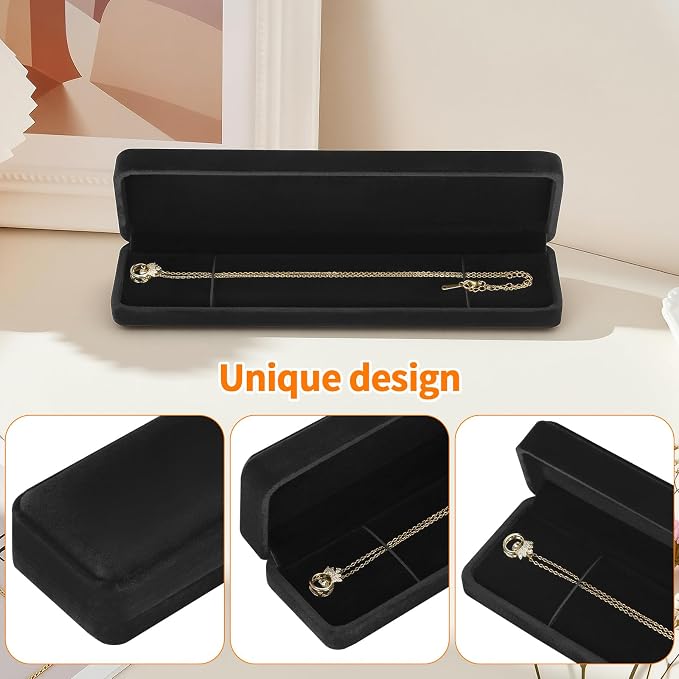 KUKUVR 2 Pcs Velvet Necklace Gift Box, Long Jewelry Storage Holder Case for Chain Pendant Bracelet Engagement Birthday Anniversary (Black)