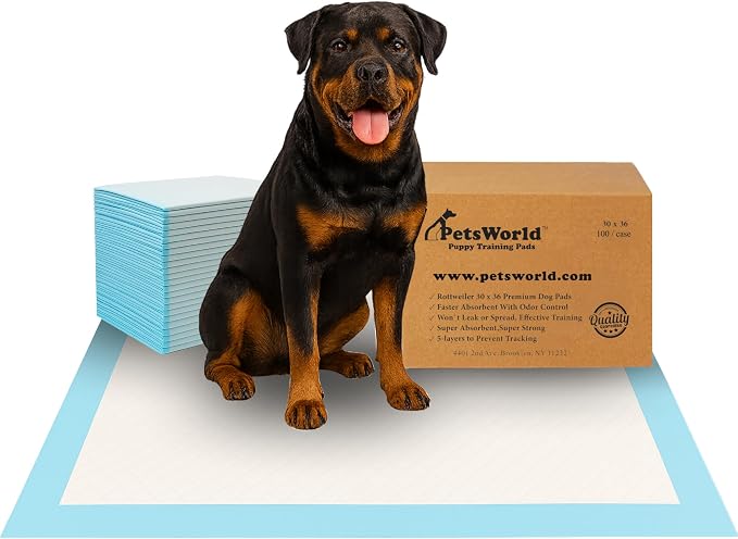 PetsWorld XL Dog Pee Pads 30"x36", 100-Count – Heavy Duty, Leak-Proof Potty Training Pads for Puppies & Large Dogs, Super Absorbent, Quick-Dry Disposable Pads with Odor Control