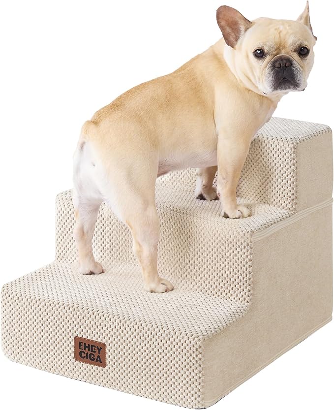EHEYCIGA Dog Stairs for Small Dogs 13.5" H, 3-Step Extra Wide Dog Steps for Couch Sofa and Chair, Pet Steps for Medium Cats, Non-Slip Balanced Pet Ramp Indoor, Beige