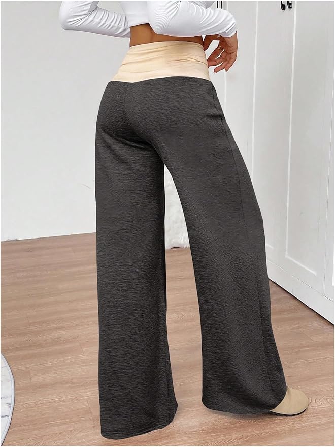 SOLY HUX Women's Sweatpants Color Block Low Rise Fold Over Waist Baggy Wide Leg Pants
