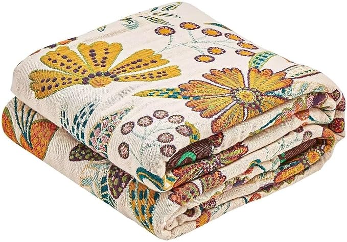 XIBLC Boho Throw Blanket, 100% Cotton Ultra Soft Luxury Throw Rustic Quilt, 60"x80" Floral Printed Farmhouse Decor Bed Summer Blankets, All Season Rustic Reversible Bohemian Throw for Bed - White