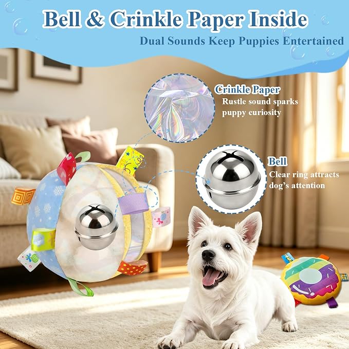 Colorful Squeaky Hanging Dog Toy with Suction Cup for Small Dogs | Bungee Tether, Crinkle Bell Ball, Bouncing Self-Play Toy, Door Frame Mounted, Interactive Fetch for Puppy Teething & Exercise