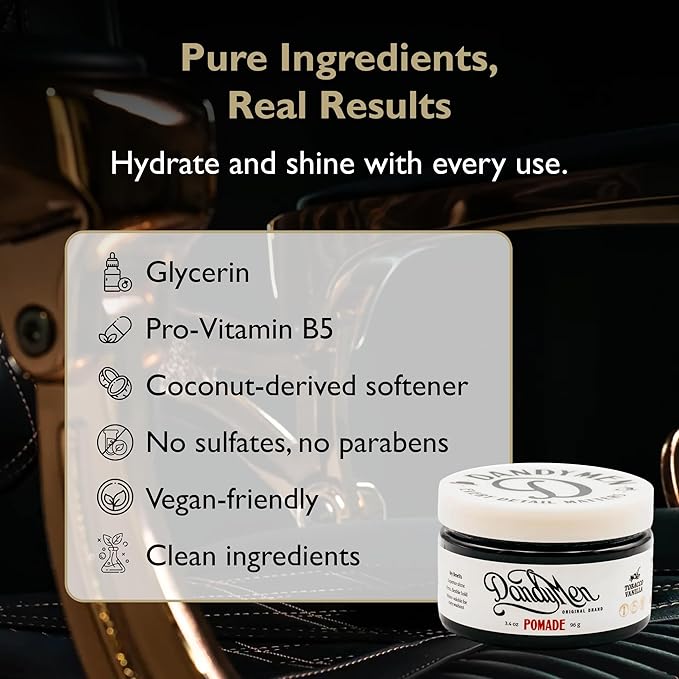 DandyMen Pomade – Strong Hold, High Shine, and Hydrating Formula with Pro-Vitamin B5 – Tobacco Vanilla Scent – 4 oz