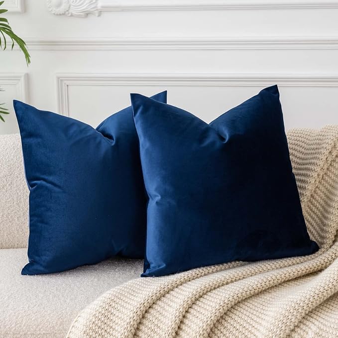Throw Pillow Covers Set of 2 for Couch Velvet Cushion Cover 14x14,Navy Blue | Decorative Pillow Covers with Invisible Zipper for Sofa Living Room Bedroom Home Decor Modern
