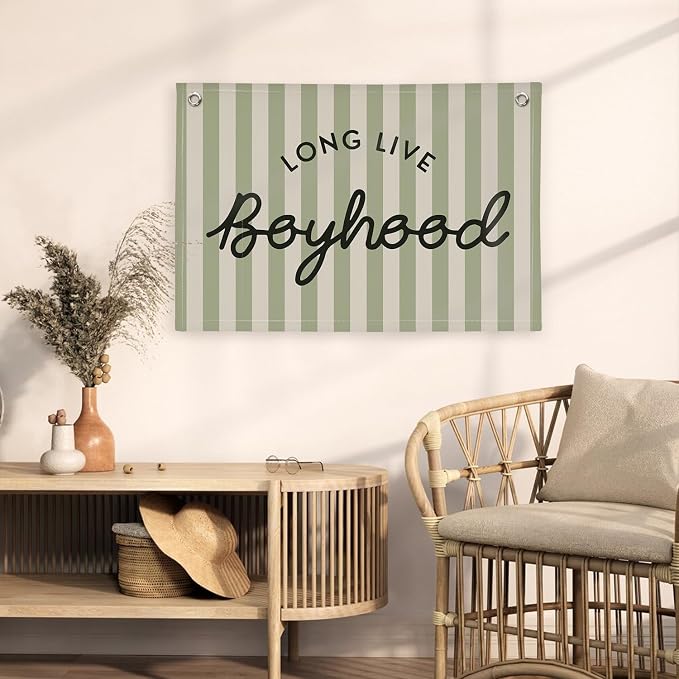 Long Live Boyhood Linen Banner Hanging Vintage Sage Green Stripes Flag Banner for Nursery Playroom Wall Decor for Kids Bedroom Living Room Dorm Toddler Decorations Trendy Room 30x20 boyroom