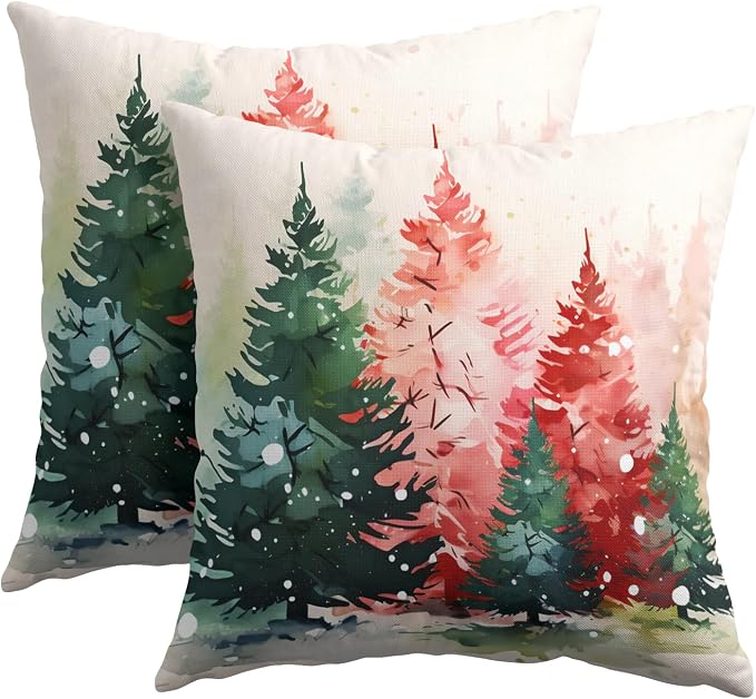 Kawani Christmas Tree Throw Pillow Covers 16x16 Inches - 2 PCS Pink Red Green Xmas Trees Pine Forest Cotton Linen Square Pillow Cushion Case with Hidden Zipper for Home Bedroom Decor