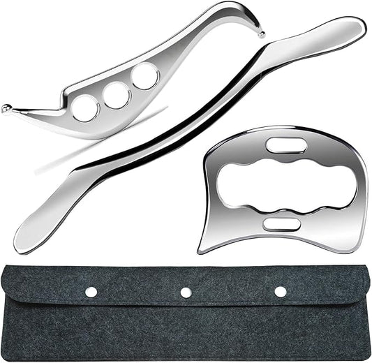 3 in 1 Professional Stainless Steel Muscle Scraper Tools Set with Case, Manual Massage Therapy Tools for Physical Recovery
