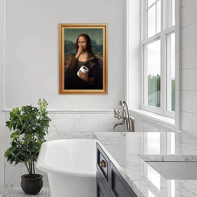 ICHZUMW Gold Framed Funny Mona Lisa Toilet Paper Canvas Wall Art, 16x24 In | Quirky Humorous Parody Painting Bathroom Wall Decor, Restroom Powder Room Guest Toilet, Fade Resistant, Ready to Hang
