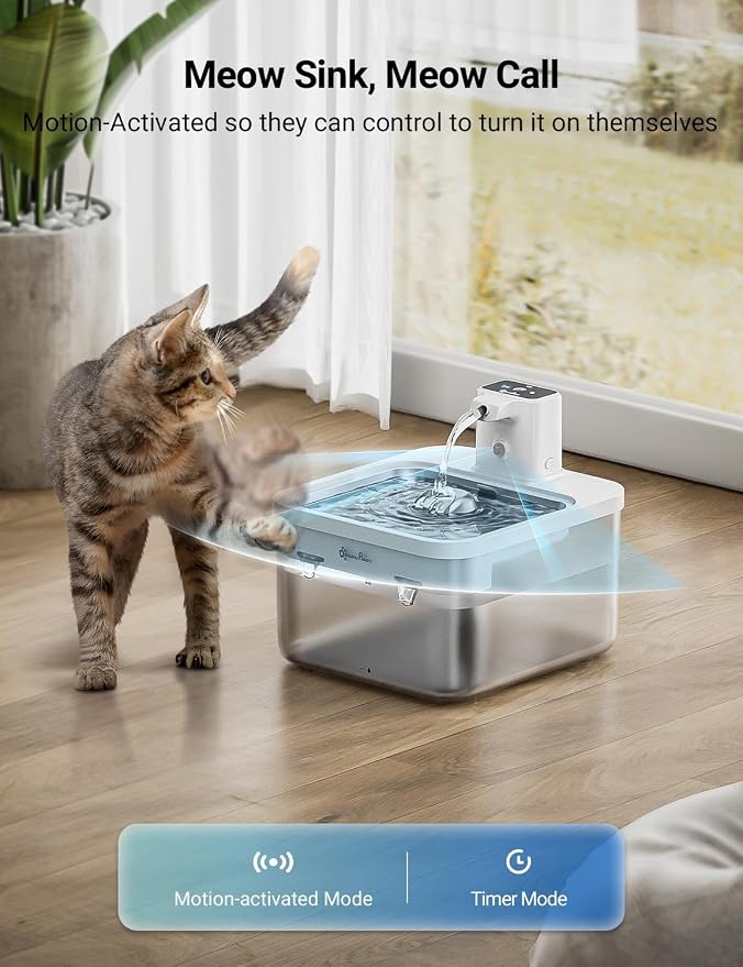 DownyPaws Cat Water Fountain Cordless, Pet Fountain, 84oz/2.5L, White Pro | Wireless Cat Drinking Water Fountains for Cats Indoor, Fursink , Battery Operated, Motion Sensor, Ultra Quiet Pump, BPA-Free