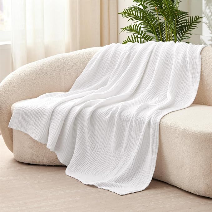 100% Cotton Muslin Blanket 40" x 40", Breathable and Lightweight Cotton Throw Blankets, Soft Cooling Summer Gauze Blanket for All Season, White