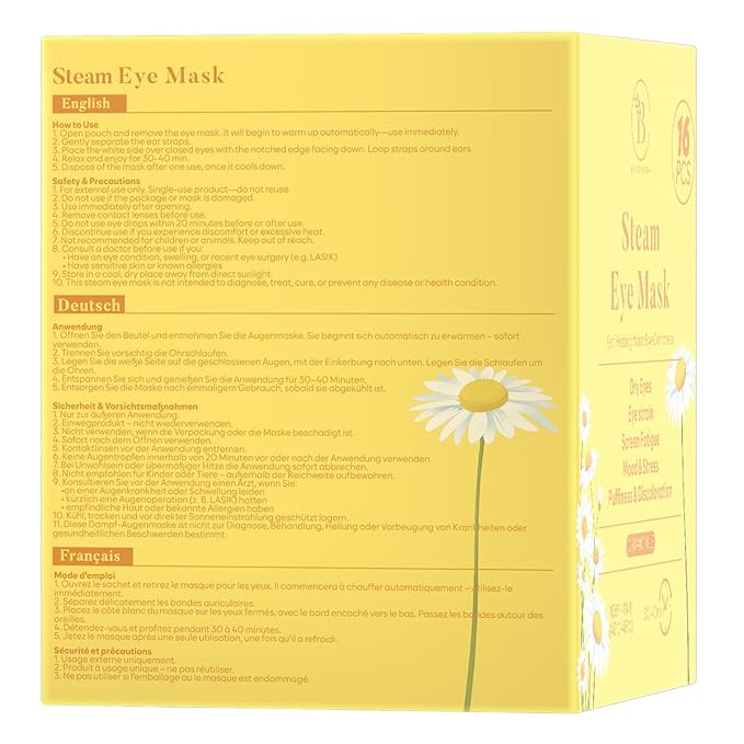 16 Pack Chamomile Steam Eye Mask for Dryness, Puffiness, Strain & Relaxation, Heated Eye Mask for Sleep & Travel, Self-Heating & Disposable Warm Compress, Travel Essentials, Relaxation Gifts for Women