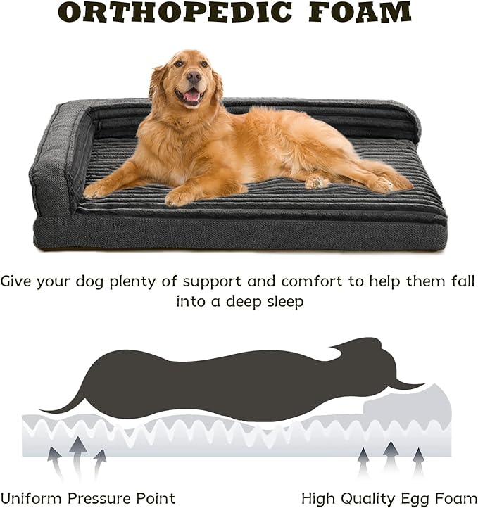WINDRACING Orthopedic Dog Beds for Large Dogs 40x28 inch, L Shape Waterproof Dog Bed with Bolster Sides, Washable Big Pet Bed with Removable Cover & Non-Slip Bottom, Gray