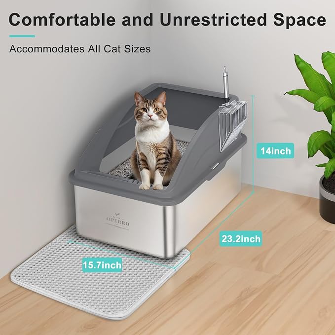 AIPERRO Stainless Steel Litter Box | XXL Deepened 8" Design Meatl Cat Box | High Sided with Lid for Big Cats | Anti-Urine Leakage | Non-Stick Bottom & Easy to Clean | Includes Litter Mat & Metal Scoop