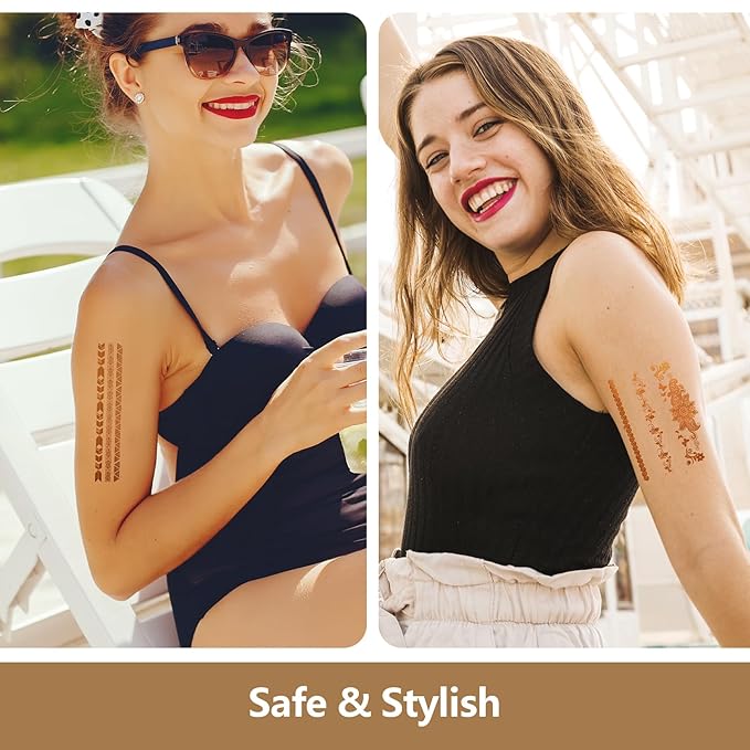 9 Sheets Gold Tattoos Temporary,Lasting Gold Tattoos for Women, Flash Glitter Body Art Temporary Tattoo for Festivals, Parties, and Cosplay Festival Accessories