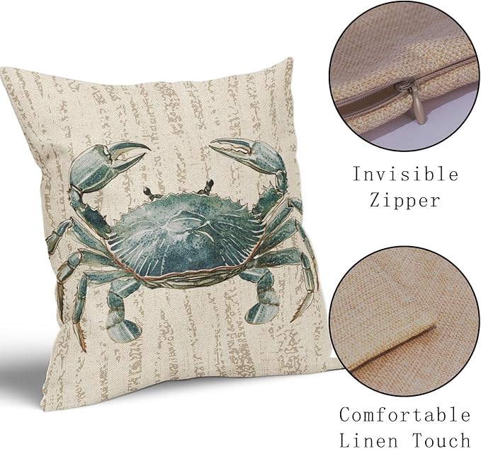 Summer Sea Crab Nautical Pillow Covers 22x22 Inch Set of 2 Coastal Ocean Coral Beach Blue Throw Pillow Cases Outdoor Linen Square Cushion Cover Farmhouse Decor for Bedroom Home Sofa Couch Bed