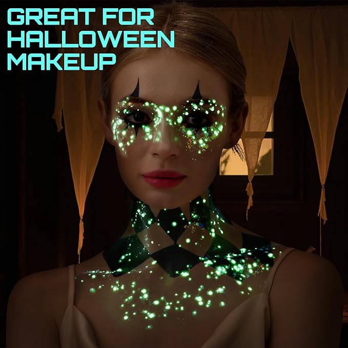Teenitor Glow in The Dark Glitter, Clear White Body Glitter Gel, Sparkly Neon Face Glitter Hair Glitter, Glow in The Dark Face Paint for Halloween Makeup Glow Party Concerts Raves