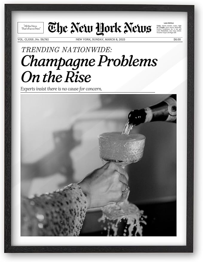 iHery 8x10in Champagne Problems on the Rise Framed Newspaper Art | Premium Black Natural OAK Wood Frame with Canvas Print, Vintage Champagne Decor for Bar Cart, Kitchen, Living Room 1Pack