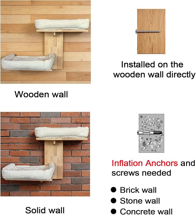 Cat Wall Shelves with Cat Bed 2 in 1 Furniture with Soft Cushion Perch & Pet Cooling Mat 2 Platform Climbing Wall Systems Tree Tower for Indoor Cats Rubber Wood Corner Floating Shelf