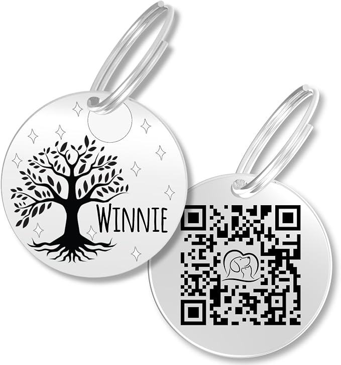 PawFurEver QR Code Dog Tag - Custom Dog Tags/Pet ID Tags for Dogs, Engraved Dog Tag & Pet Tag, Stainless Steel Dog Tags Personalized for Pets (Tree, Silver)