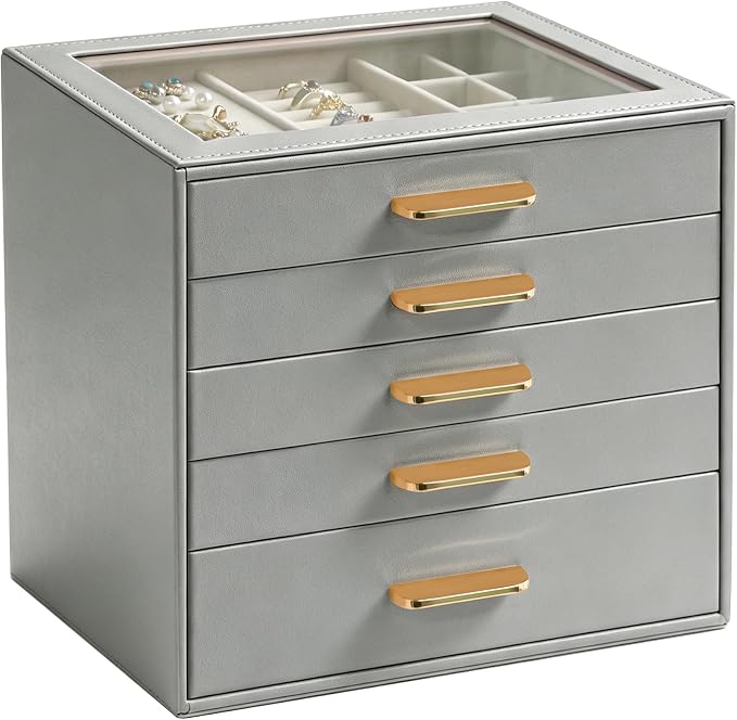 Homeanda Jewelry Boxes Organizer with Glass Lid, 5-Layer PU Leather, Grey | Modern style display case with 5 drawers for daily jewelry, women, mom or girl gift