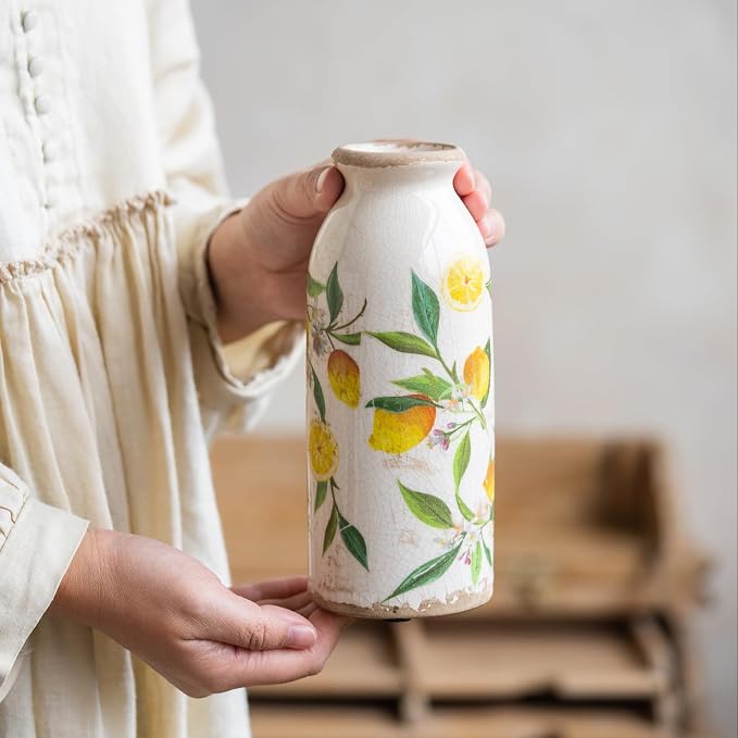 Teweiqi Vintage Vase Set of 3, Ceramic Flower Vases Decor, Rustic Farmhouse Vases Retro Decorative Vases, for Home Living Room Kitchen Table Mantle Shelf Decor - Lemon