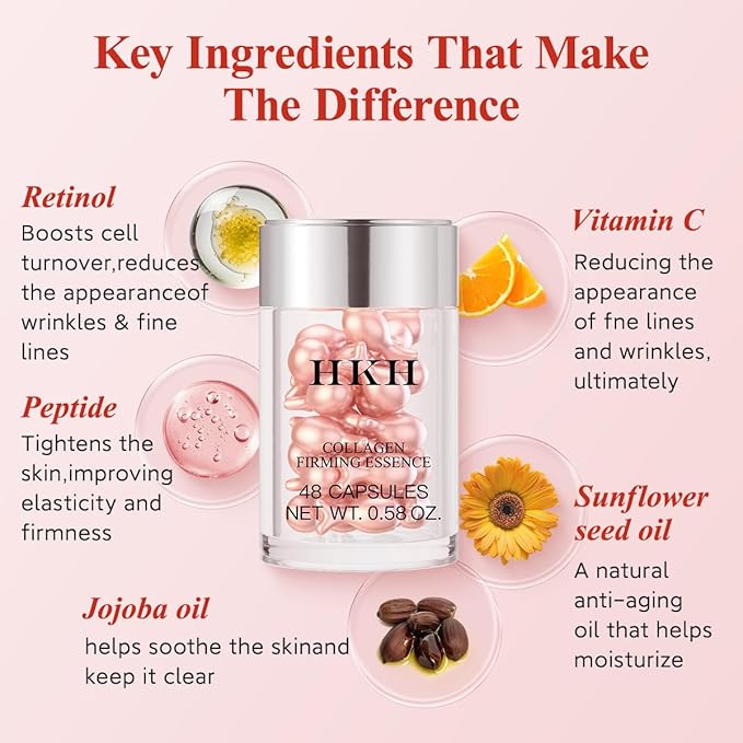 HKH Retinol Serum for Face: 48 Capsules Vitamin A Anti-Aging Wrinkle Night Serum - Vitamin E Collagen Oil for Women - Daily Deep Skin Care for Fine Lines Smooths Hydrates Brightening - 0.58 Oz