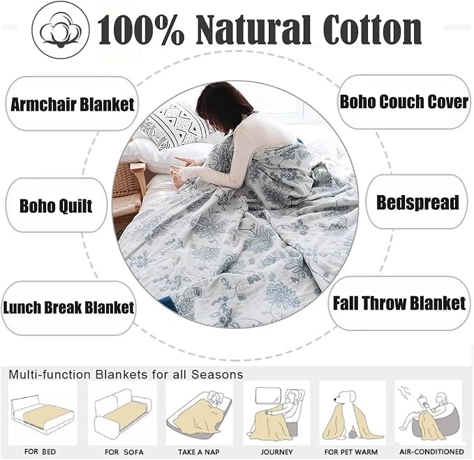 MSGKV Summer Throw Blanket 60"x80" 100% Cotton Woven Decorative Throw | 100% Cotton Woven, Decorative Throw Blanket, Soft & Lightweight, Couch & Bed Use, Living Room Accent, Machine Washable