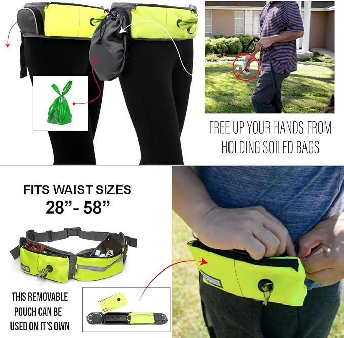 TAKSIN The Ultimate Hands Free Two Dogs Double Leash System for Walking Running Hiking Training, Reflective Bungee Leash, Treat Holder, Poop Bag Dispenser Small Medium Large Dogs (Yellow Deluxe Pack)