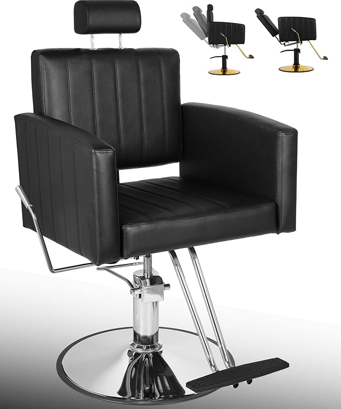 Black Salon Chair for Hair Stylist, Heavy Duty Hydraulic Barber Salon Chair with Vertical Stitch Design, 360° Swivel, Adjustable Height, Ergonomic Reclining Stylist Chairs for Beauty Salon