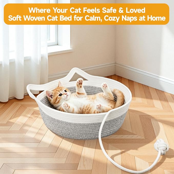 Cotton Rope Woven Cat Bed, Instinct Pet Basket with a Play Ball, Large | Foldable Cat Scratcher Basket for Indoor Cats, Puppies, Rabbits and Small Pets, White & Light Gray