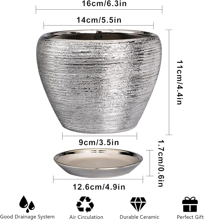Ceramicfor Ceramic Planter - 6 Inch Plant Pot Indoor with Drainage Hole and Saucer Outdoor Pot for Plants Round Decorative Planter Modern Mid-Century Flower Pot for Office Decor Silver