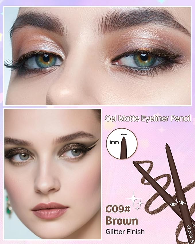 Glitter Gel Eyeliner Pencil,Retractable Cream Brown Eye Liner Pencils,Waterline Eye Makeup Liners,Waterproof&Smudge Proof Glitter Eyeliner Facial Makeup Gift for Mature Women,Girls,Christmas-G09 Brown