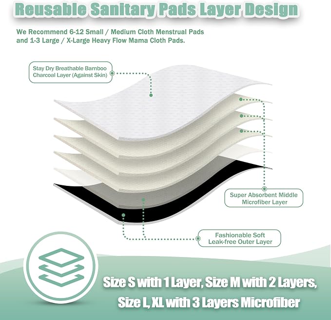 wegreeco Charcoal Reusable Menstrual Pads - Reusable Sanitary Pads | Panty Liners | Soft Cloth Menstrual - 6 Pack with 1 Cloth Mini Wet Bag (Starter Kit Set, Mix Size, Black)